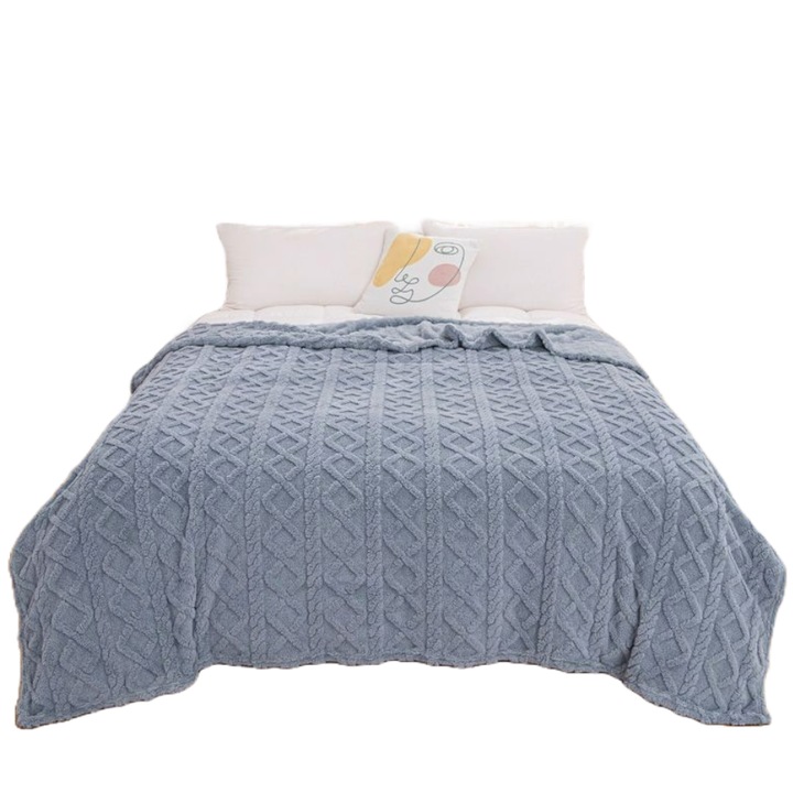 Patura Pufoasa Cocolino, Model Impletit Efect 3D, Pat Dublu 200 x 230 cm, Gri Albastrui