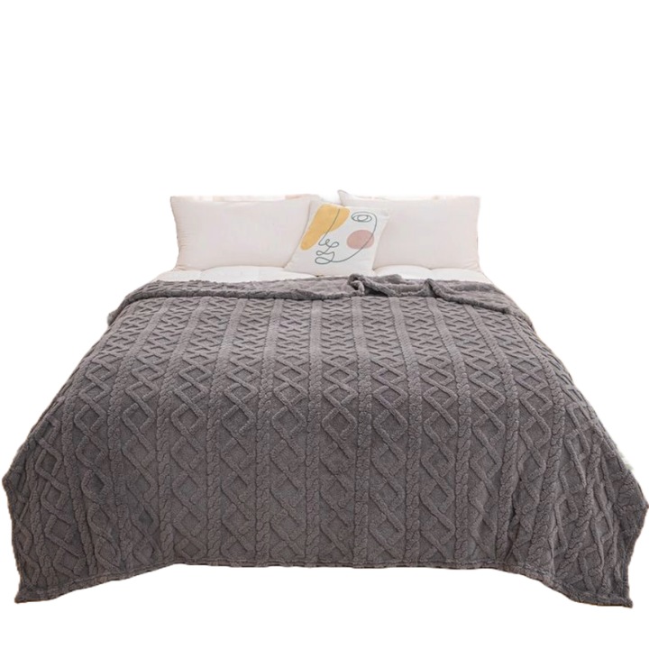 Patura Pufoasa Cocolino, Model Impletit Efect 3D, Pat Dublu 200 x 230 cm, Gri Inchis