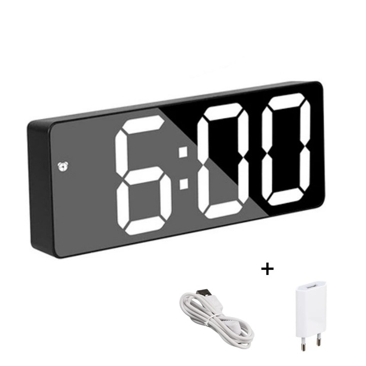 Ceas Electronic de Masa cu LED Alb, Temperatura, Alarma si Comanda Vocala – Dimensiuni 160x60x25mm, 2 Trepte de Lumina, Adaptor Inclus