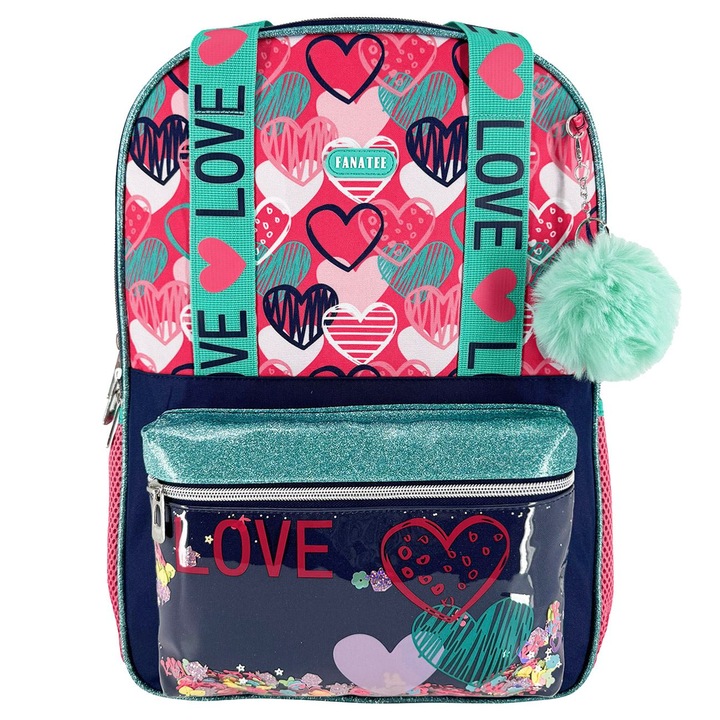 Iskolai hátizsák Pink Green Hearts Kulcstartó Pompom Konfetti - Fanatee
