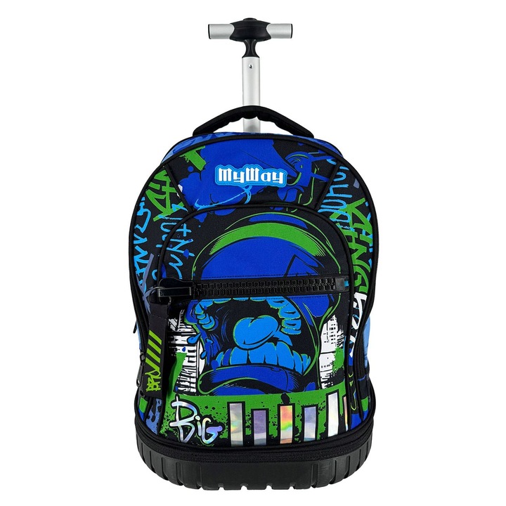 Hátizsák - Bőrönd, Iskolai, Fekete Kék Zöld, Nagy cipzár - My Way
