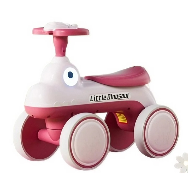 Gyermek pedál nélküli kerékpár, dinoszaurusz modell, sárga-mustár, méretek 50x27x40 cm, zenével és fényekkel, négy kerék