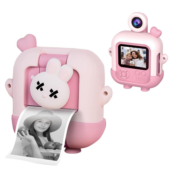 Детска камера, незабавно отпечатване, със силиконова обвивка с карикатура на зайче, 1080P и 32G SD карта, мини цифров фотоапарат, за 3-12 години момчета, момичета, рожден ден, коледни играчки, подаръци, WALALLA, розов крем