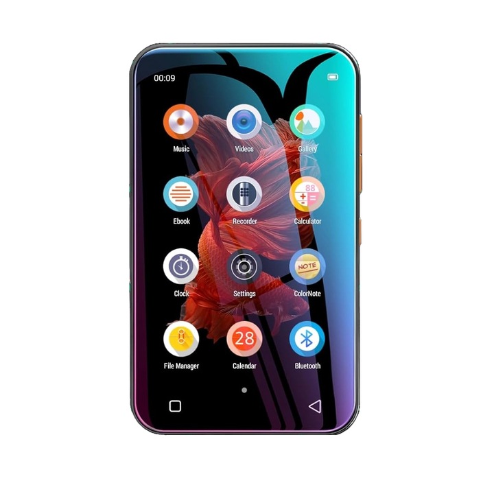 Bluetooth MP4 lejátszó 4,0 hüvelykes érintőképernyővel, 1800 mAh akkumulátorral, HiFi hanggal, hangszóróval, hangrögzítési funkcióval, e-könyvvel, naptárral, órával, ébresztővel, 512 GB-ig támogatja a kártyát