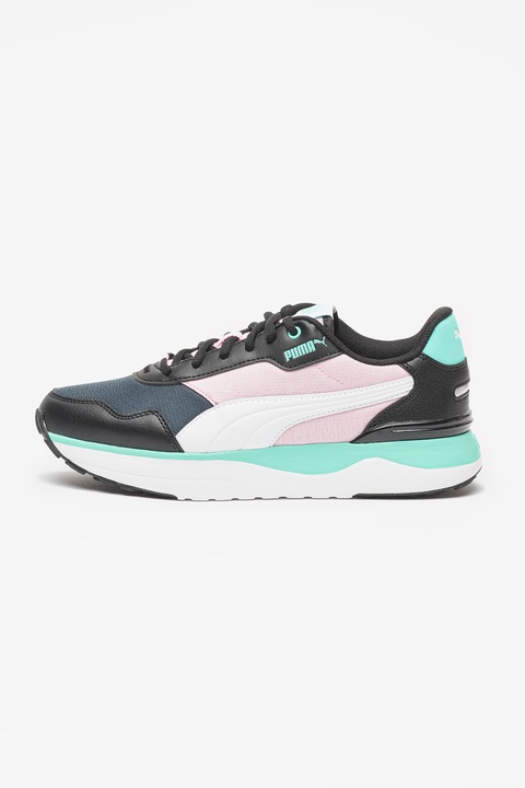 Puma, Pantofi sport de piele ecologica si plasa R78 Voyage, Alb/Negru/Roz pastel