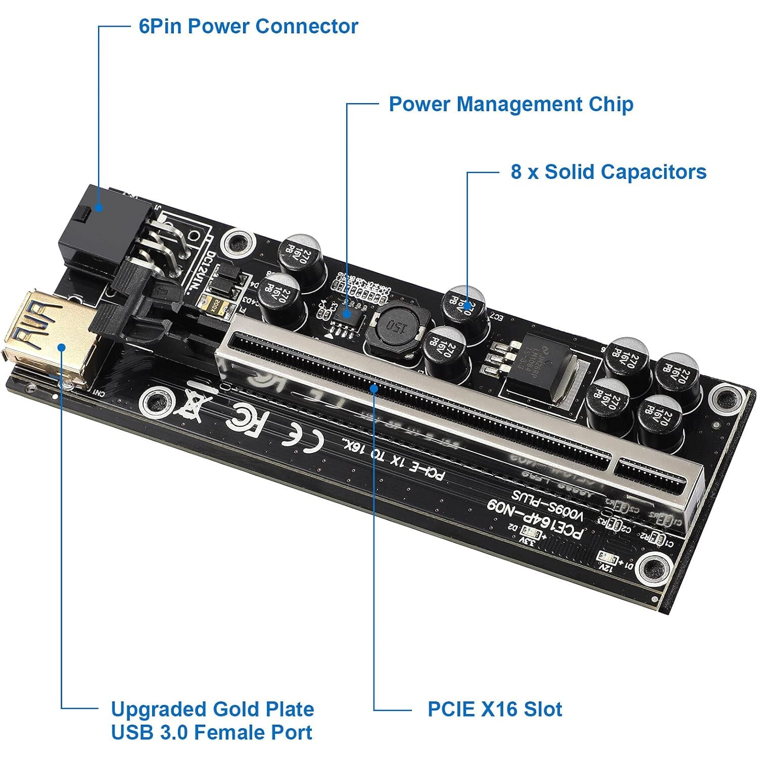 Cozevdnt PCI-E 1X до 16X разширителна карта, 6-пинов SATA захранващ ...