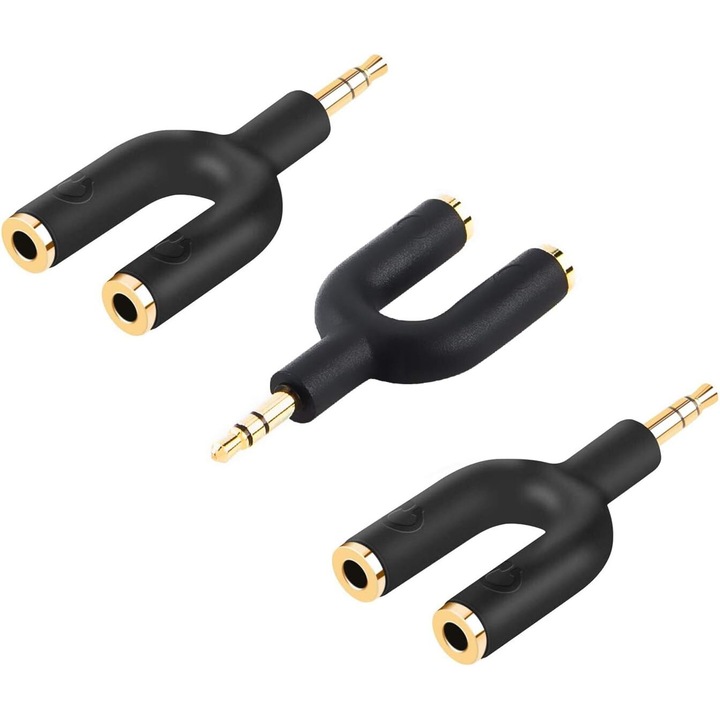 Adaptor splitter casti, CableCreation, jack Y stereo Aux 3.5 mm tata la 2 porturi 3.5 mm mama, negru/auriu