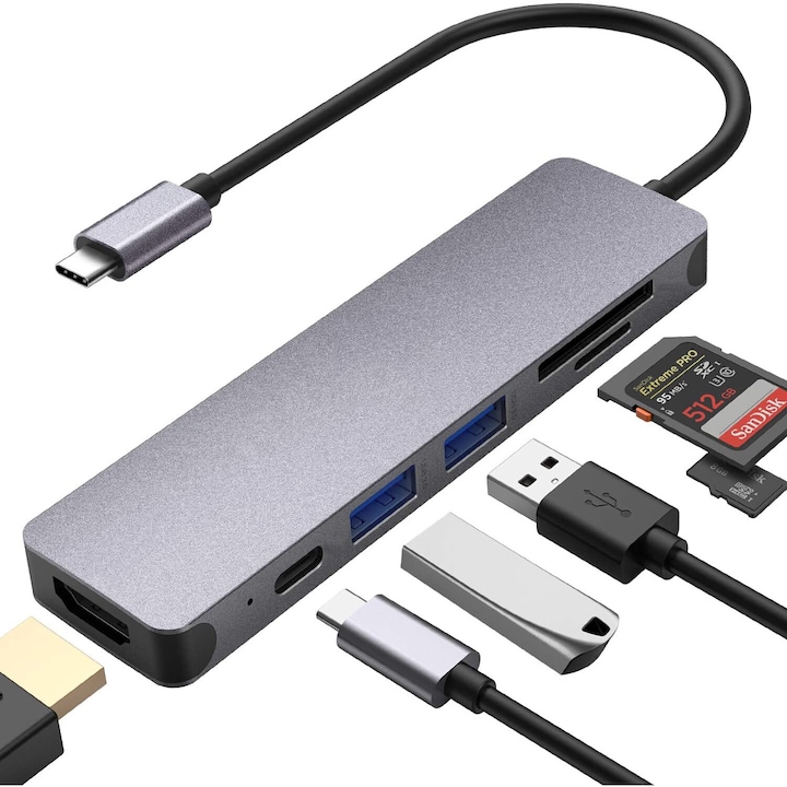 6-в-1 USB хъб, BGHYHYHI, 4K HDMI, 2 USB 3.0 порта, 100 W бързо зареждане, компактен, сив