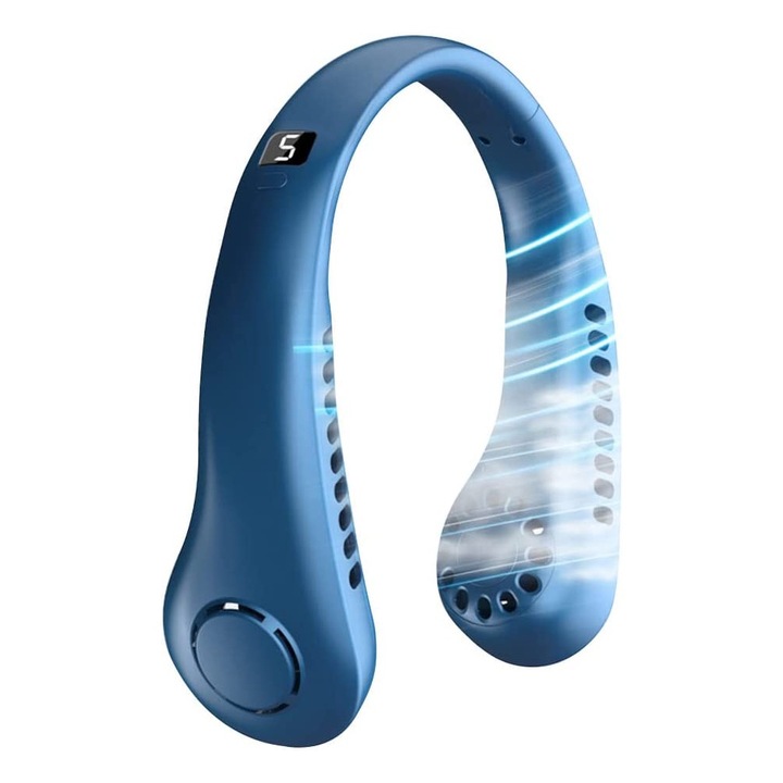 Преносим вентилатор за врата, без лопатки, въздушно охлаждане, USB, син