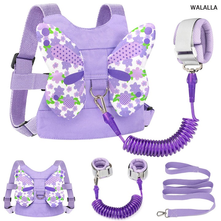 Lesa pentru ham pentru copii mici si legatura pentru incheietura mainii anti-pierdere, Bumbac, ajustabil, cu lesa anti-pierdere, curea pentru asistenta la mers, WALALLA, violet, 2-6 ani