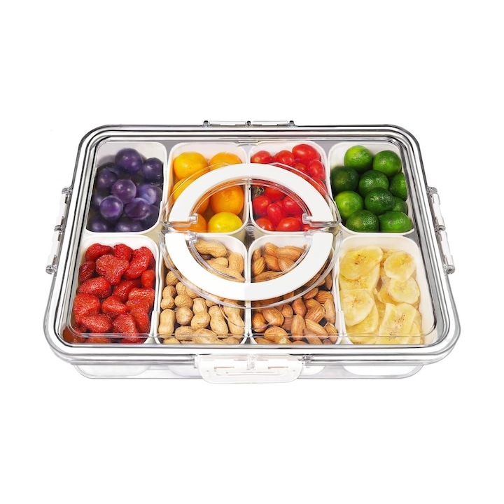 Cutie pentru gustari, 8 compartimente, cu capac si maner, etansa, portabila, compartimentata, table de calatorie, pentru copii si adulti, Perfect pentru petrecere, divertisment, WALALLA, Plastic, alb, 31x24x7cm