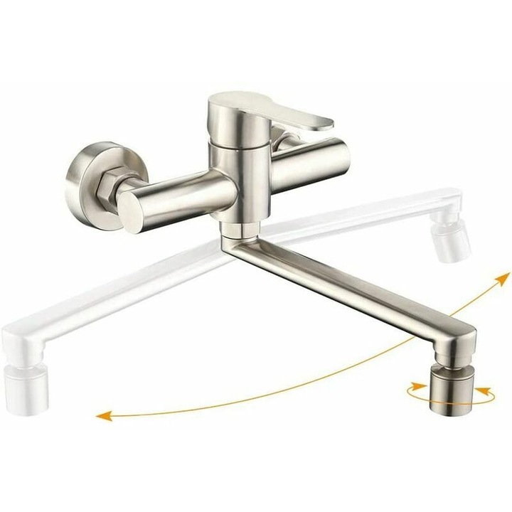 Falra szerelhető konyhai csaptelep, 2 vízsugár, 360°-os forgás, rozsdamentes acél, ezüst