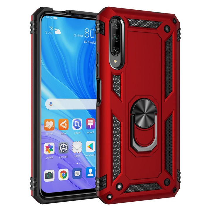 Huawei P30 Sunmostar védőtok, TPU, forgógyűrűs támaszték, lengéscsillapító, piros, 17x8,5x1,3 cm