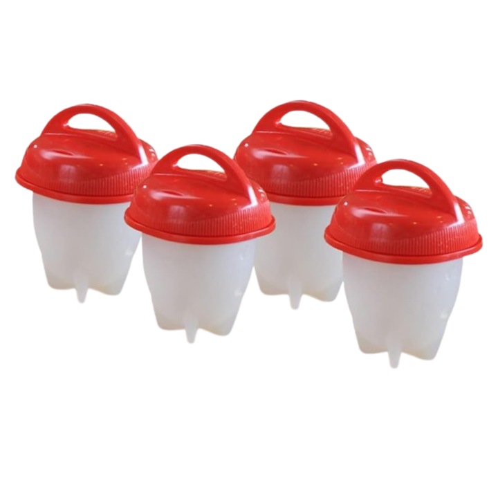 Set 4 Forme Fiert Oua Fara Coaja SUPER TRENDS®, Dispozitive din Silicon Alimentar Premium, Recipient Antiaderent, Alb/Rosu