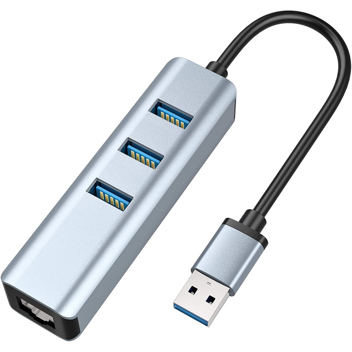 USB 3.0 към Ethernet адаптер, BGHYHYHI, 4 в 1, 1000Mbps, 3 USB 3.0 порта, черен/сив