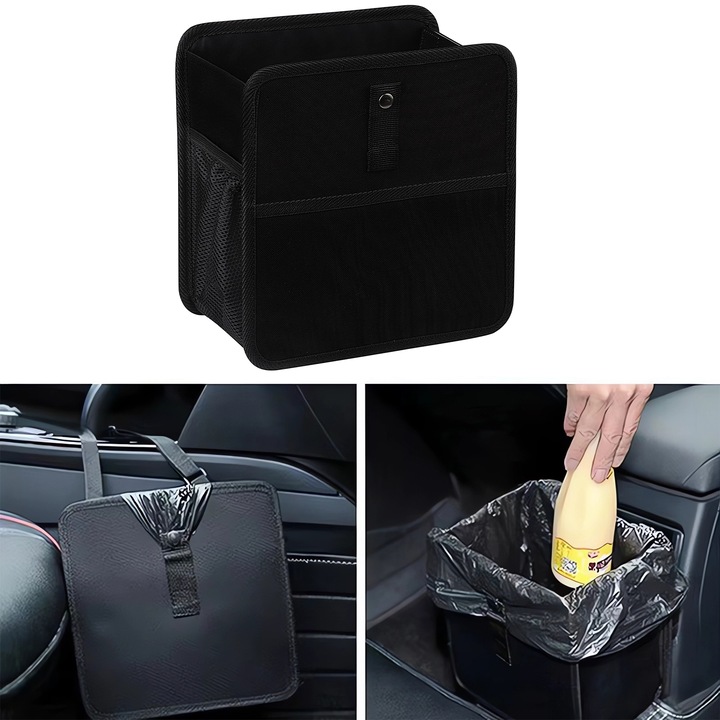 Cos de gunoi pliabil suspendat pentru masina, pliabil, cu buzunare, negru, 27x27x14.5cm