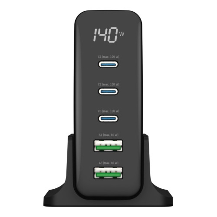 Incarcator retea de birou Ultra Fast Charge e-SWC®, 3 x USB-C, 2 x USB-A, 140 W, Negru
