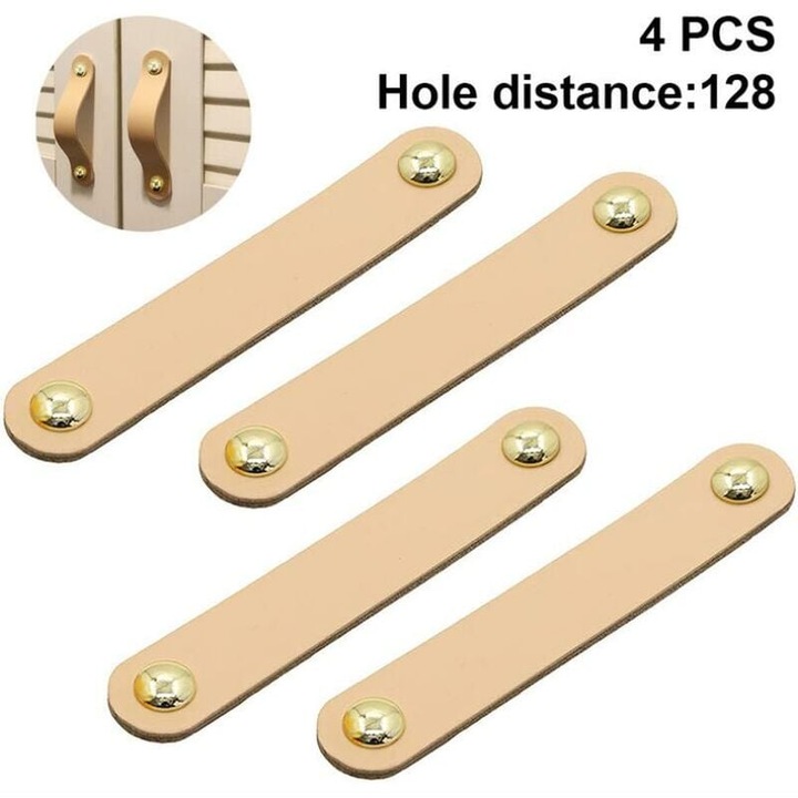 Комплект от 4 кожени дръжки, AMRINUGL, 128 мм, водоустойчиви, лесни за монтаж, естествен цвят