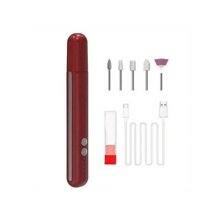 Pila electrica pentru unghii Meichoon Q-NL33, 3 viteze, iluminare LED, set 6 capete, alb/rosu, 156x21.5x20mm