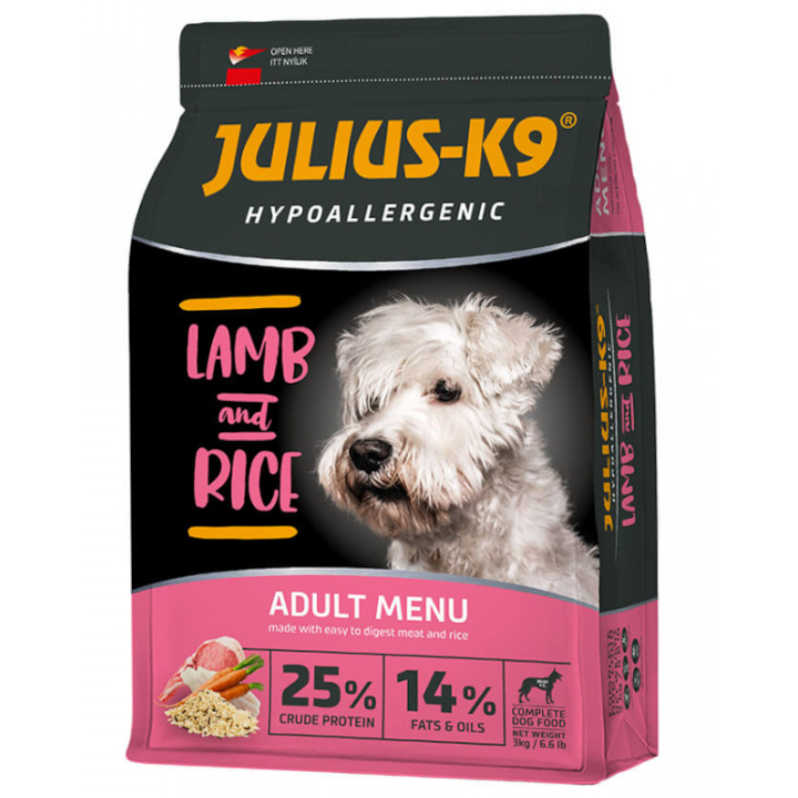 Hrana uscat pentru caini, Julius K9 Adult - Super-premium, hipoalergenica, Miel si Orez, 12kg