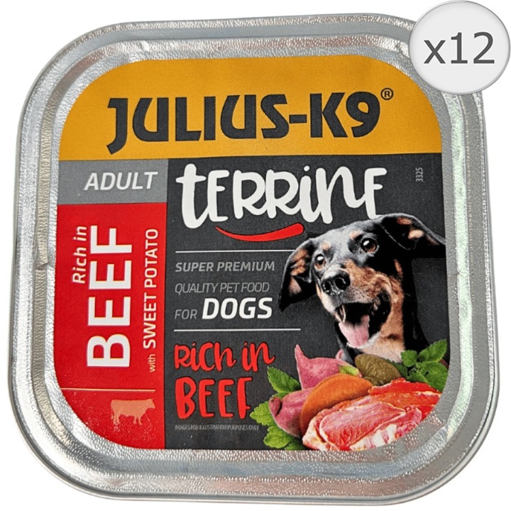 Julius K9 nedves kutyatáp, felnőtt, marhahúsos és burgonyás terrin - 12 x 150 g