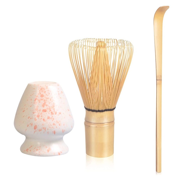 Set 3 Accesorii pentru Matcha, Bambus/Ceramic, Petale albe care cad