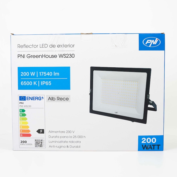Proiector LED PNI GreenHouse WS230, 200W, alimentare 230V, 17540 lm, lumina rece (6500K), IP65, Clasa energetica F