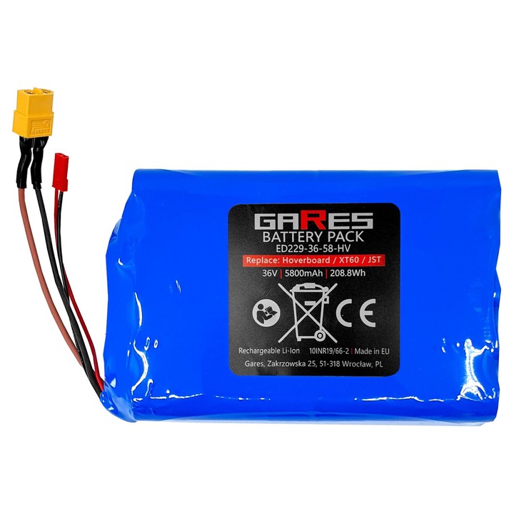 Baterie Gares, 36V 5, 8Ah, pentru Hoverboard, placa electrica connector XT60, JST/SYP Priza, albastru