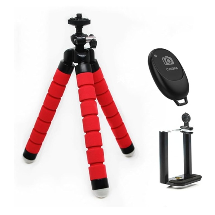 Mini Trepied flexibil, Cu suport universal pentru telefon, Plastic, rotatie 360, rosu, 19x5.5x4.3cm