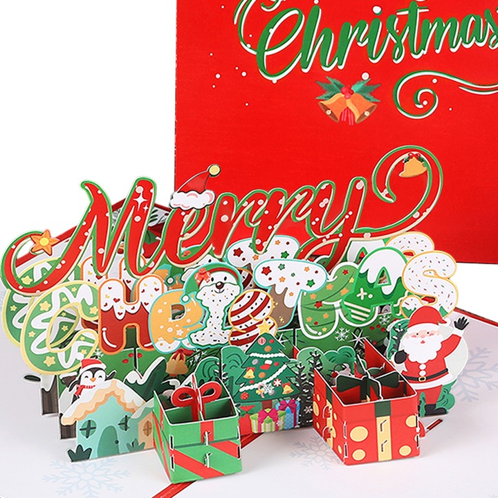 Felicitare de Craciun 3D, BGHYHYHI, Hartie, design colorat, 15x20cm, include plic si eticheta pentru mesaj