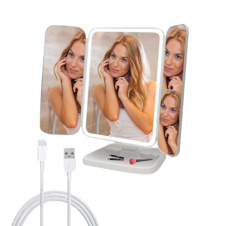 Отваряемо козметично огледало с LED осветление, регулируем ъгъл - бяло