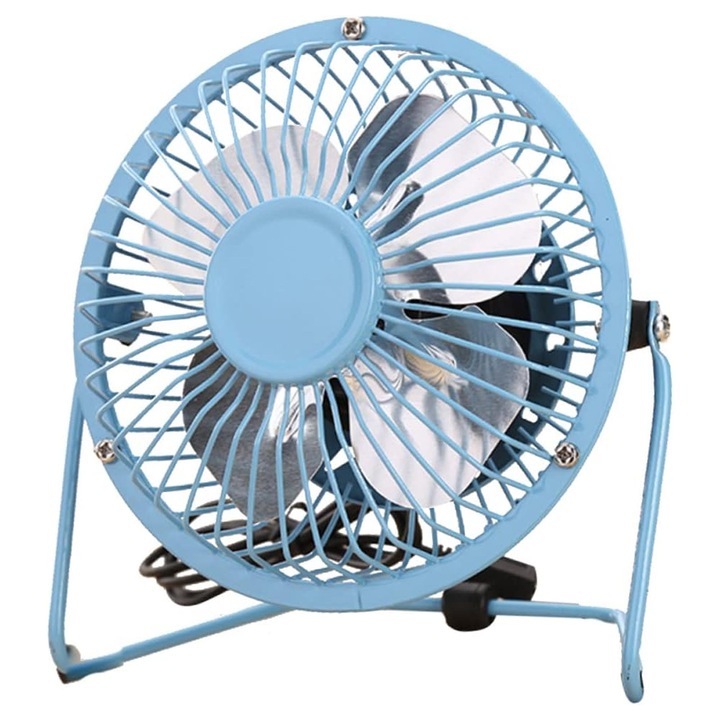 Мини настолен вентилатор с ултра-тих дизайн, 4-инчов син алуминиев и метален вентилатор с регулируема стойка за поставяне на маса/стена, гъвкави перки за тиха работа, преносими USB вентилатори