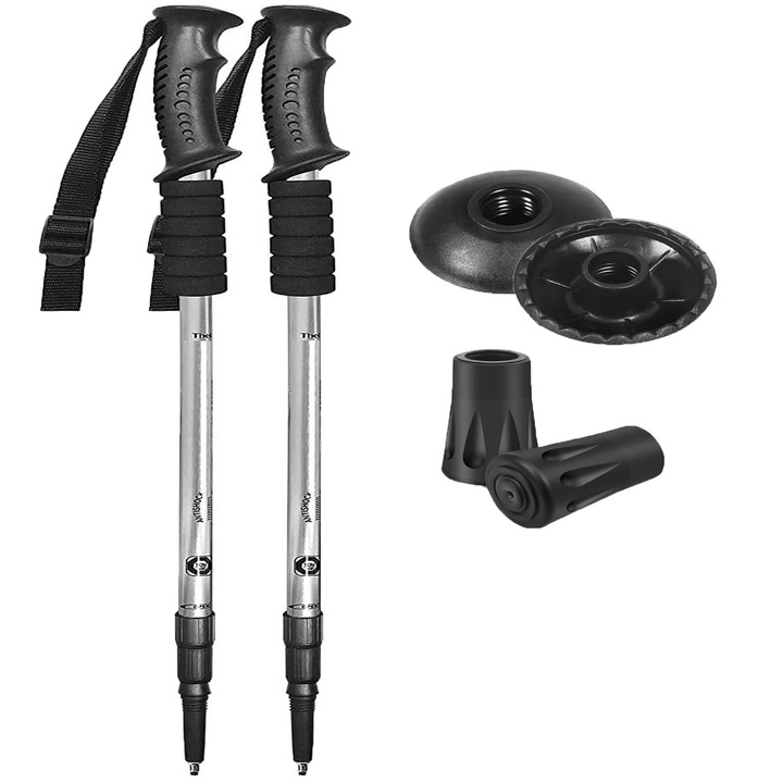 Set Bete Trekking Walking pentru Drumetie, 2 Buc + 4 Varfuri, reglare Lungime 67 - 135 cm, Vitolog, Argintu