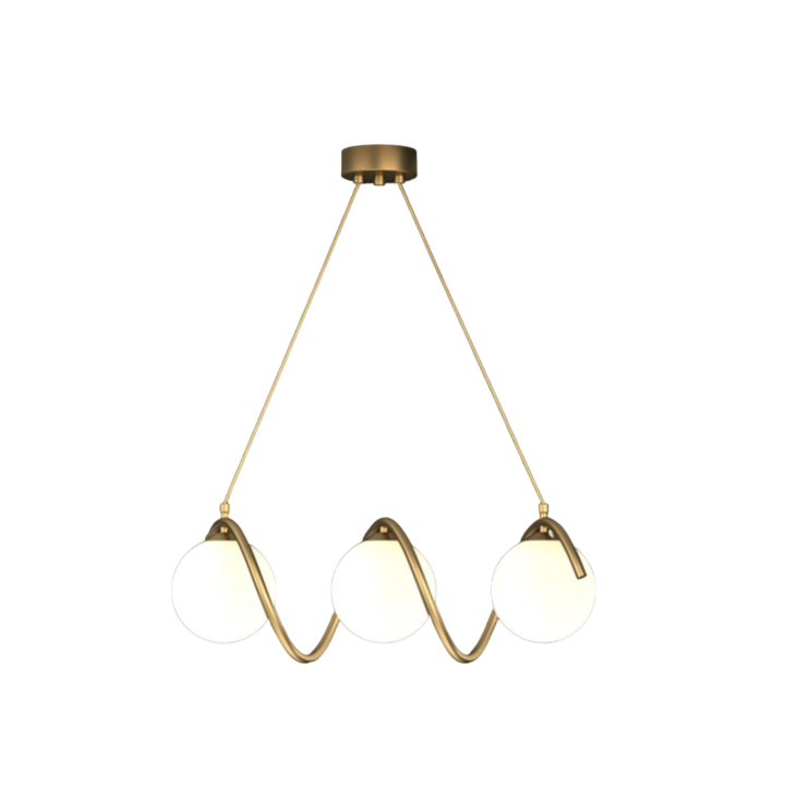 Lustra suspendata moderna, 3 globuri albe, dulie E27, corp auriu, inaltime reglabila