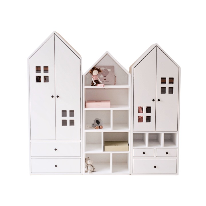 Set dulap de haine pentru copii PREMIUM (asamblat), tip Montessori din MDF vopsit ALB, TRIO