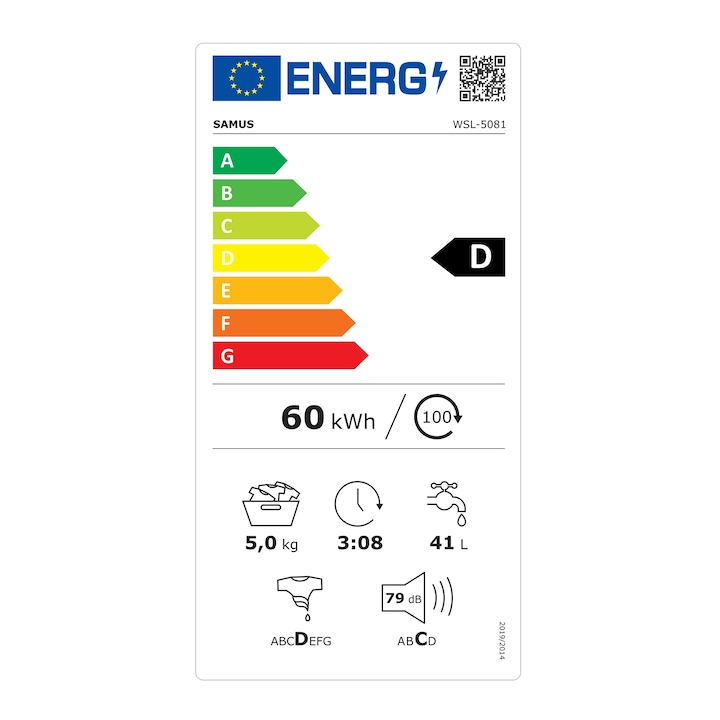 Masina de spalat rufe Samus WSL-5081, 5 kg, Slim, Clasa energetica D, 800 rotatii, 23 programe, Afisaj cu led, Blocare acces copii, Pornire intarziata, Curatare tambur, Alb
