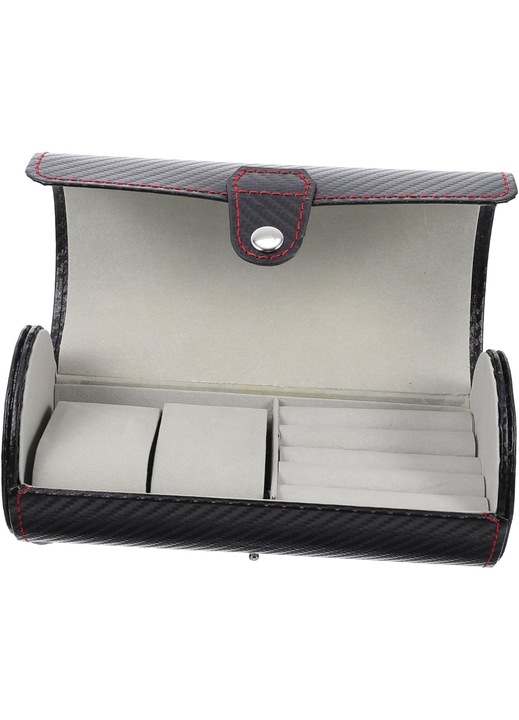 Cutie pentru ceasuri si bijuterii Healife, fibra de carbon, compacta, negru, 20cm