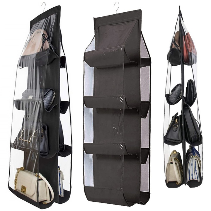 Organizator suspendat pentru genti de mana, 8 rafturi semi-deschise, cu agatatoare metalica, culoare negru, 1 bucata