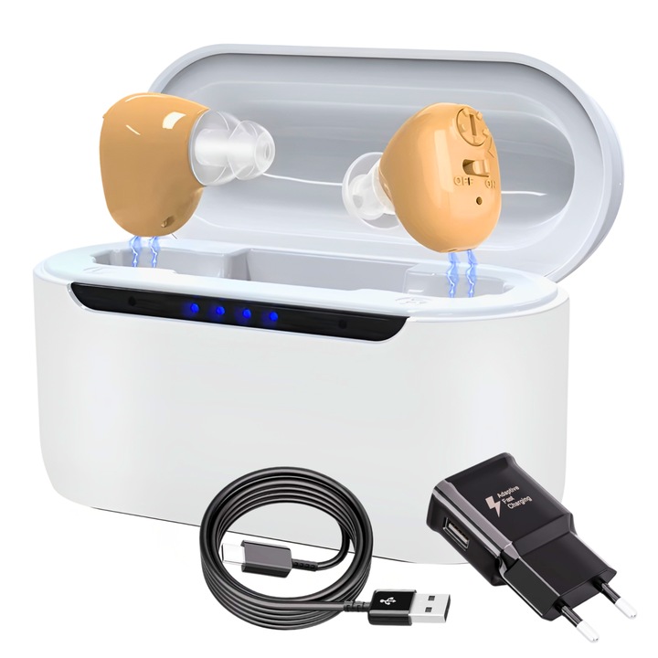 Aparat Auditiv x2 NeoHGS, Sunet Clar, 50 Ore de Utilizare, Incarcare Rapida 1.5 Ore, Operare Simpla, Design Compact si Usor, Afisaj Nivel Baterie Integrat, Display Baterie Carcasa, Nude, Discret