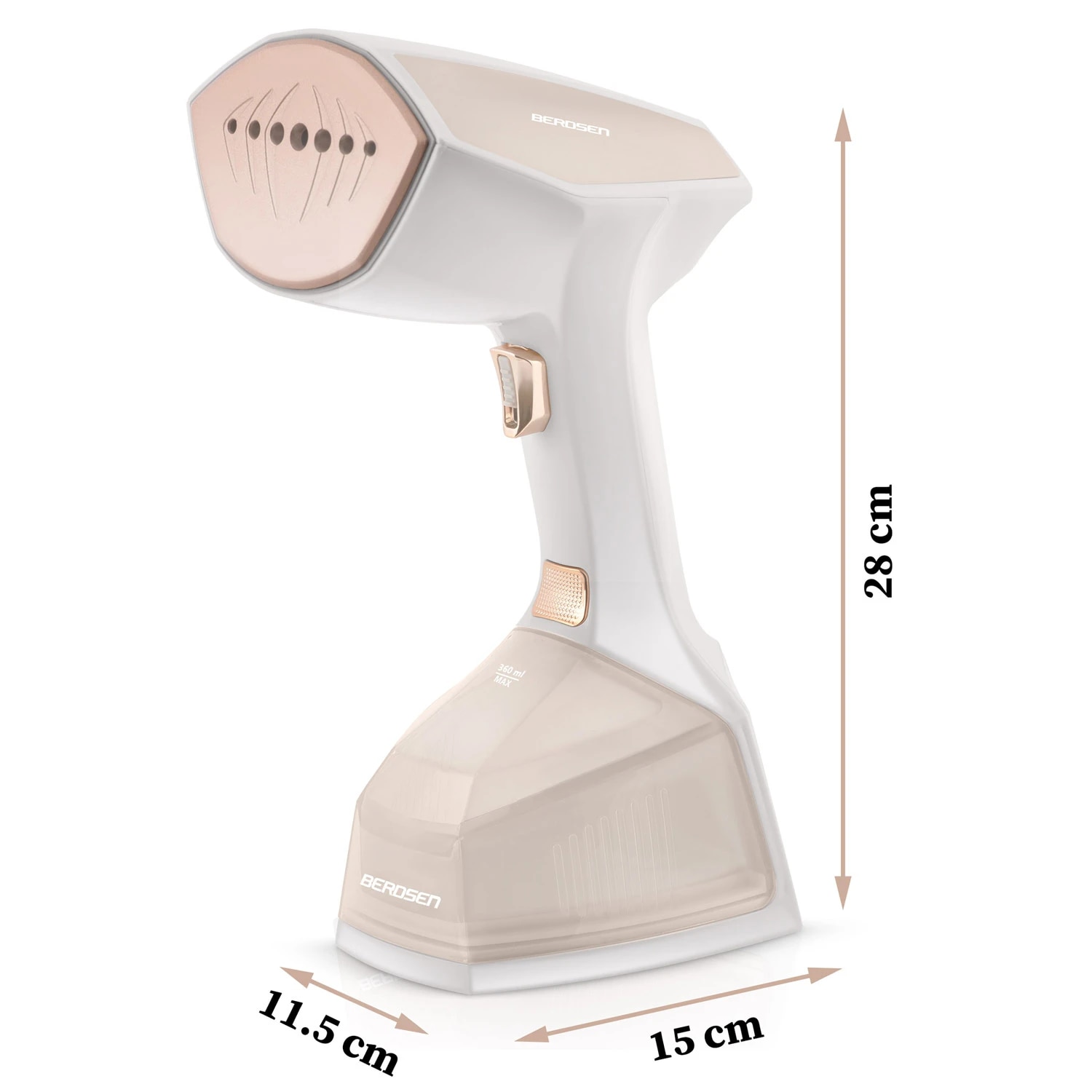 Aparat de calcat vertical cu abur, iesire de abur cu o putere de 45 g/min, recipient 360 ml, atasament pentru perie, buton automat cu blocare, display LCD, 2000 W, alb si crem