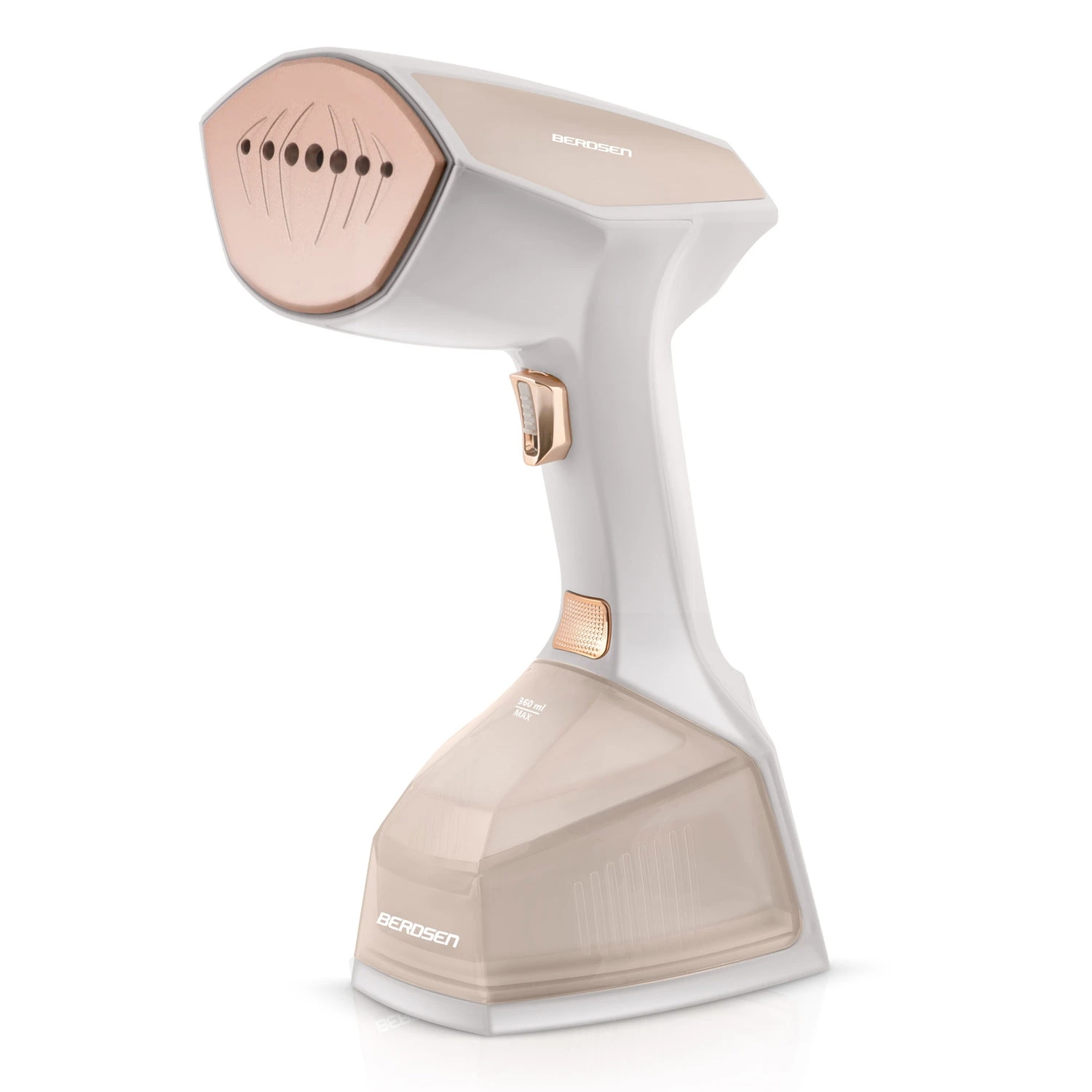 Aparat de calcat vertical cu abur, iesire de abur cu o putere de 45 g/min, recipient 360 ml, atasament pentru perie, buton automat cu blocare, display LCD, 2000 W, alb si crem
