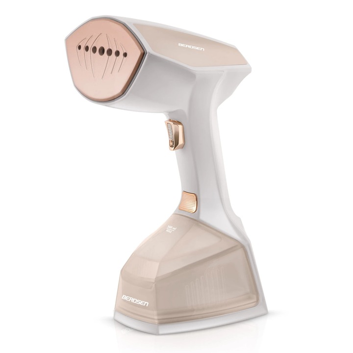 Aparat de calcat vertical cu abur, iesire de abur cu o putere de 45 g/min, recipient 360 ml, atasament pentru perie, buton automat cu blocare, display LCD, 2000 W, alb si crem