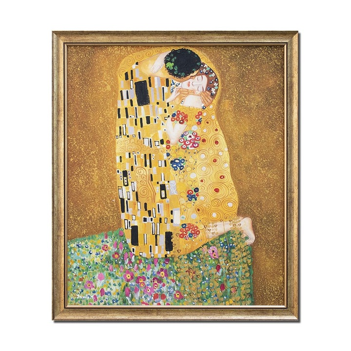 Tablou celebru pictat manual inramat, Sarutul, 65x55cm ulei pe panza, reproducere Gustav Klimt