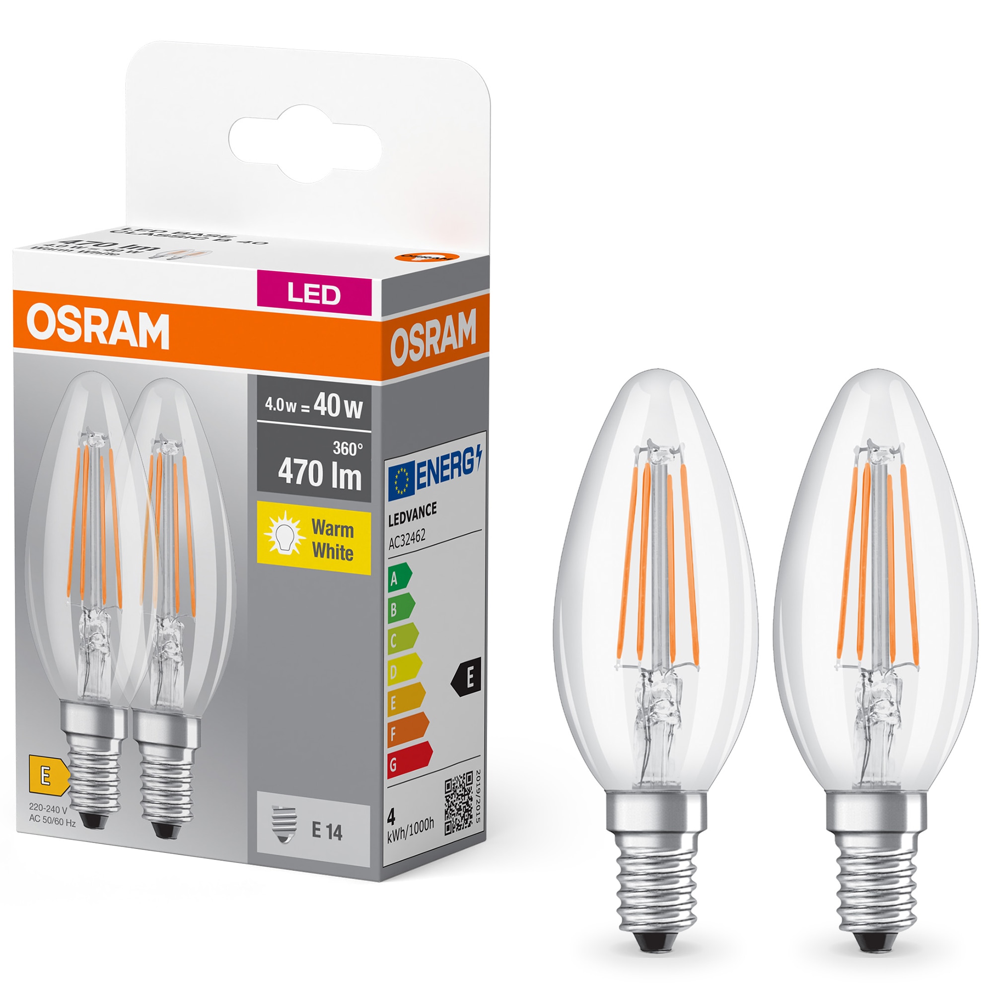 Set 2 becuri LED OSRAM Base filament B40, E14, 4W (40W), 470 lm, lumina calda (2400K), clasa energetica E