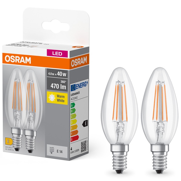 Комплект 2 LED крушки OSRAM Base filament B40, E14, 4W (40W), 470 lm, Топла светлина (2400K), Енергиен клас E