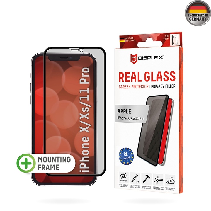Üvegvédő iPhone X / XS / 11 Pro készülékhez - Displex Premium Real Glass Privacy - Fekete