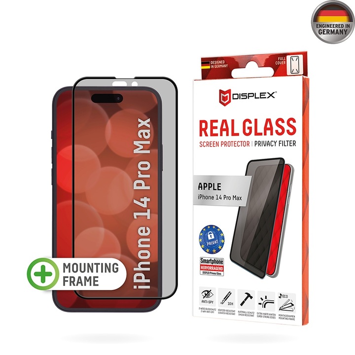 Üvegvédő iPhone 14 Pro Max készülékhez - Displex Premium Real Glass Privacy - fekete