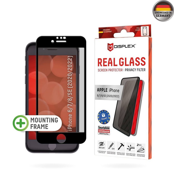 Üvegvédő iPhone 6 / 6S / 7 / 8 / SE 2, SE 2020 / SE 3, SE 2022 készülékekhez - Displex Premium Real Glass Privacy - Fekete