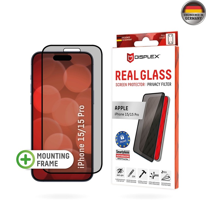 Üvegvédő iPhone 15/15 Pro telefonhoz - Displex Premium Real Glass Privacy - Fekete