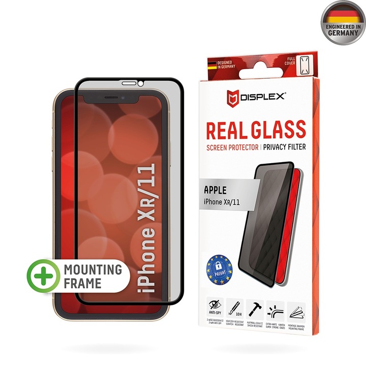 Fólia iPhone XR / 11-hez - Displex Real Glass Privacy teljes borító - fekete